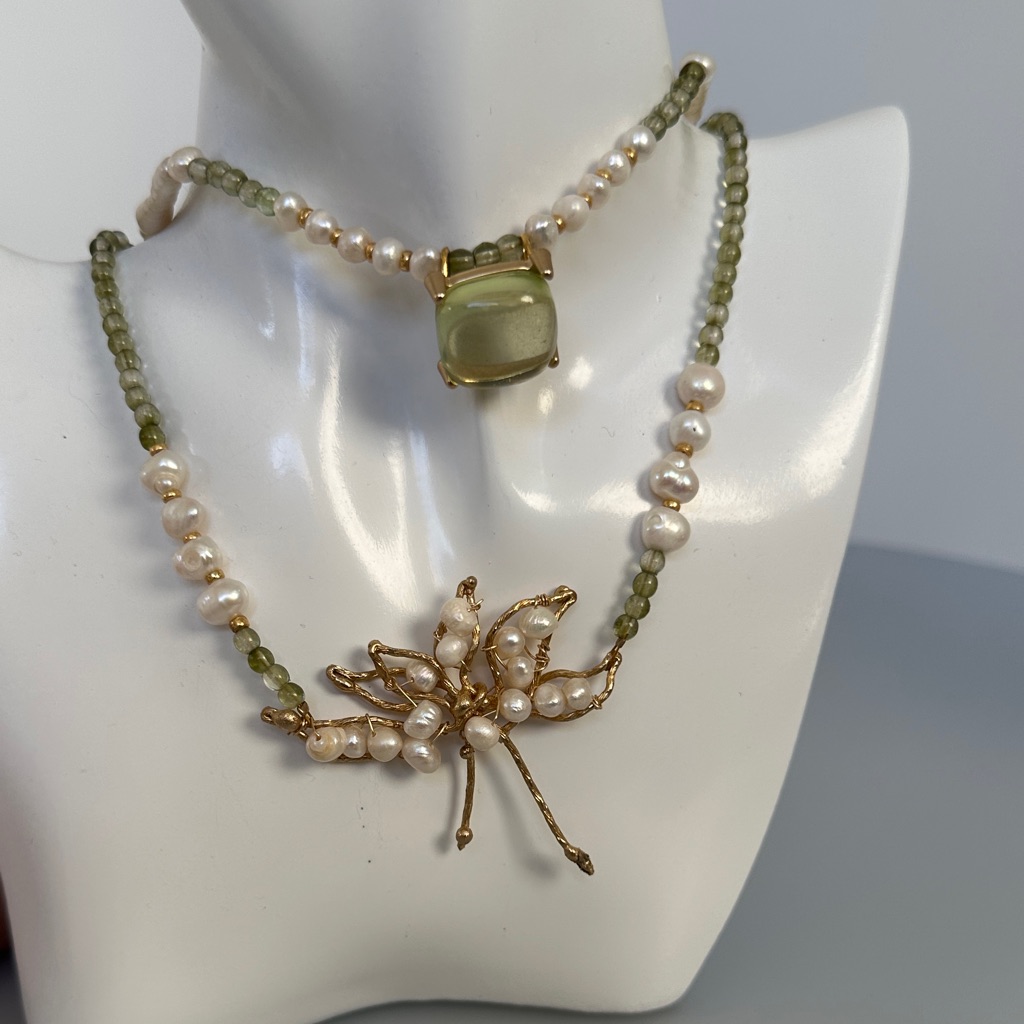 Freshwater Pearl And Green Beaded Necklace With Gold Accents